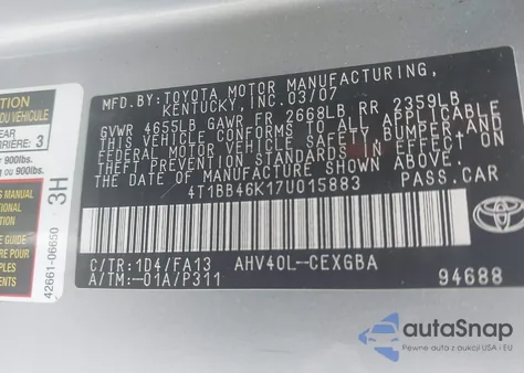 2007 Toyota Camry Hybrid z USA, uszkodzony, nr VIN 4T1BB46K17U015883